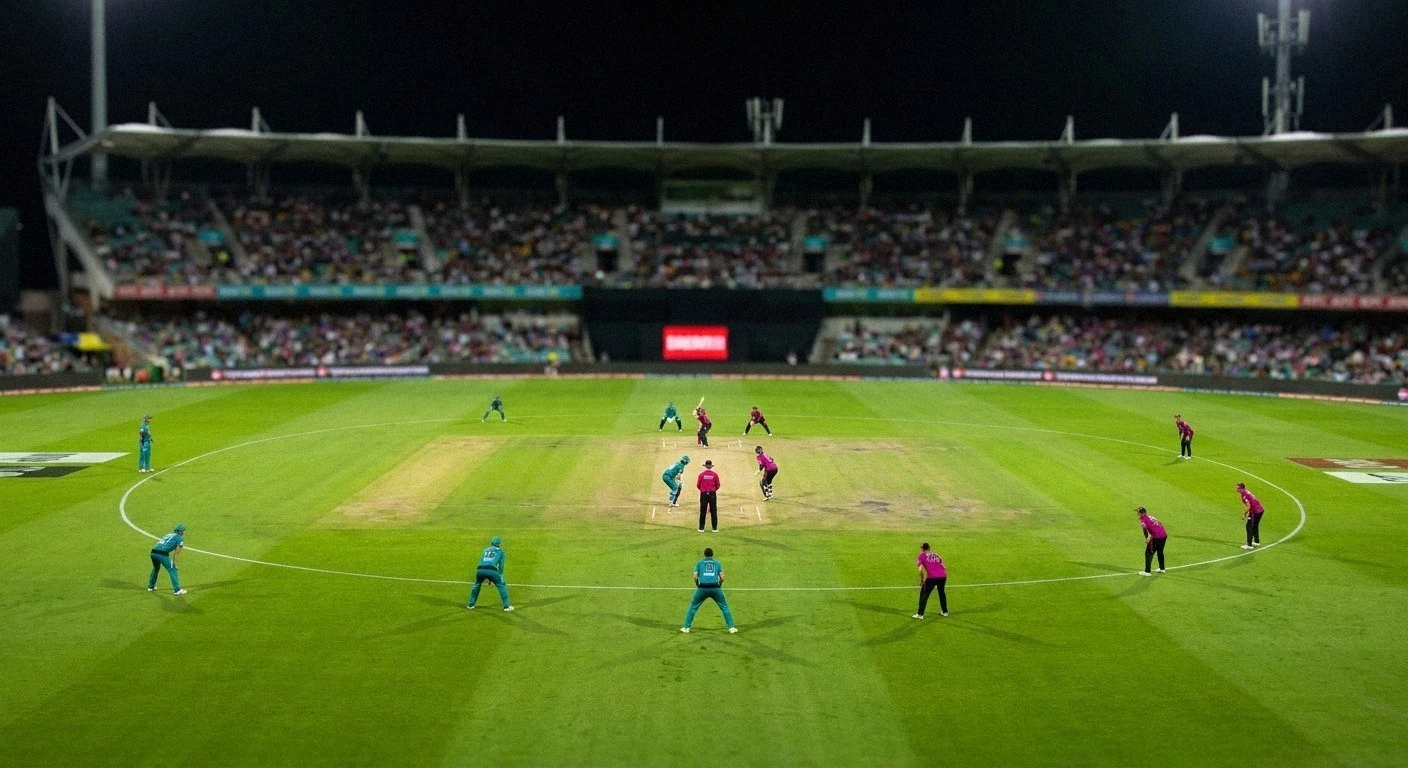 Wide view of a night cricket match in a stadium under floodlights. Players in teal and magenta uniforms stand in