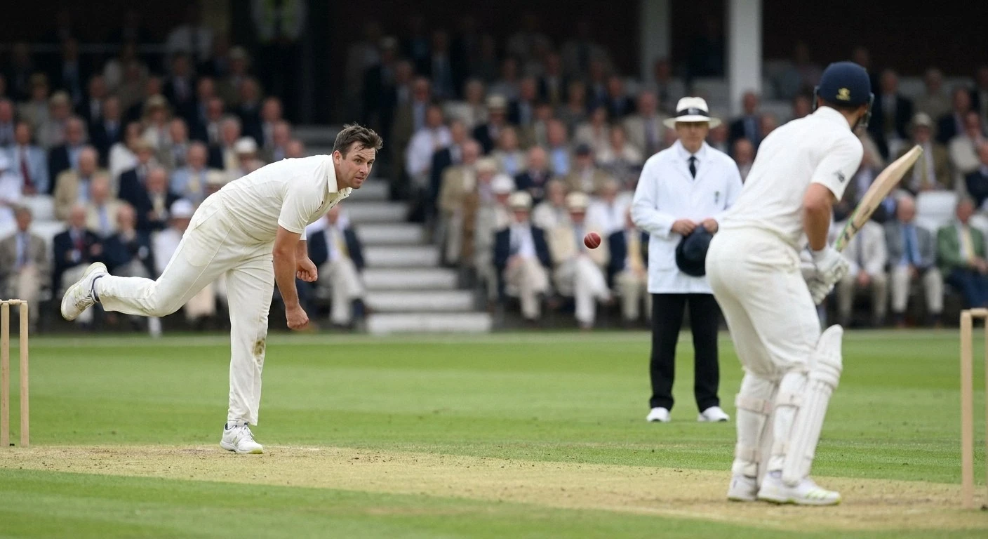 A cricket bowler in white clothing is mid-stride, having just released a red ball towards a batsman standing ready with